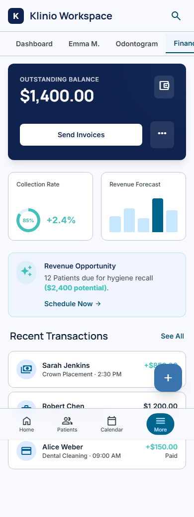 Klinio finance workspace showing collection rate, revenue forecast, and outstanding balance
